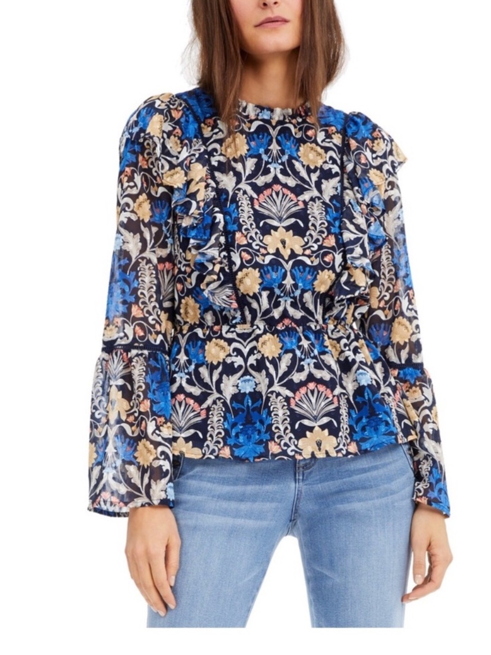 INC floral print long bell sleeve blouse